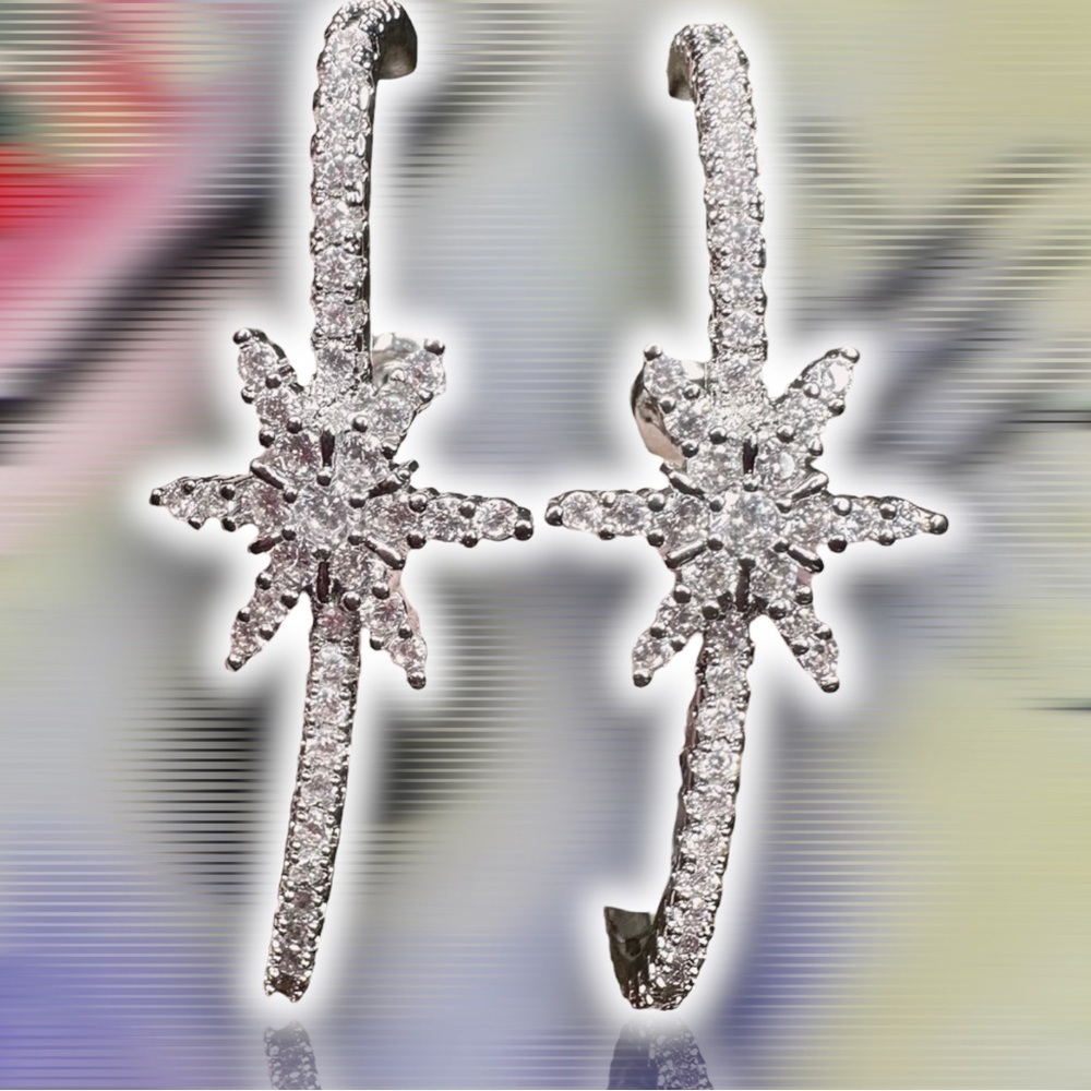 NEW CZ Over Lobe Drop Star Earrings With Reverse White Imitation Pearl - Picture 7 of 10